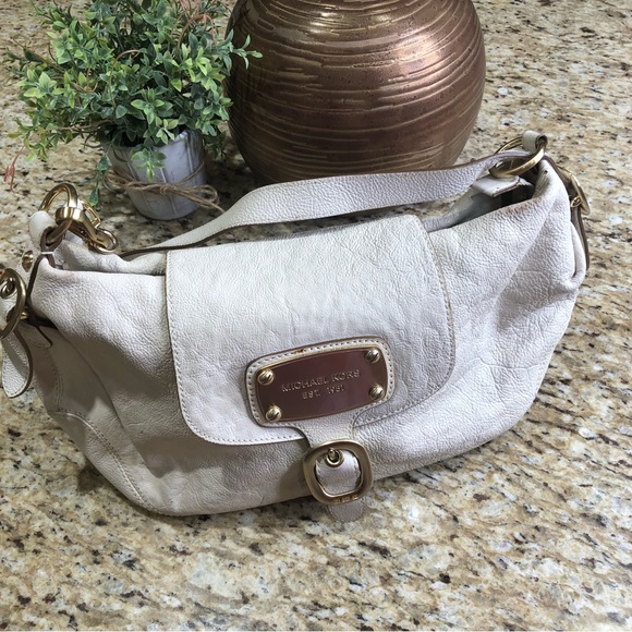 Michael Kors Ivory Gold Buckle Leather Fold Over Medium Crossbody Shoulder Bag - Picture 2 of 12